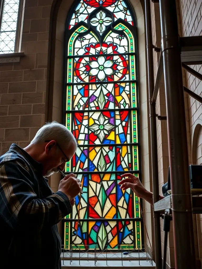 A photograph depicting skilled artisans meticulously restoring a stained glass window in the Saint-Barthélemy church of Ars, showcasing the delicate work involved in preserving the church's artistic heritage. The image should convey precision and dedication.