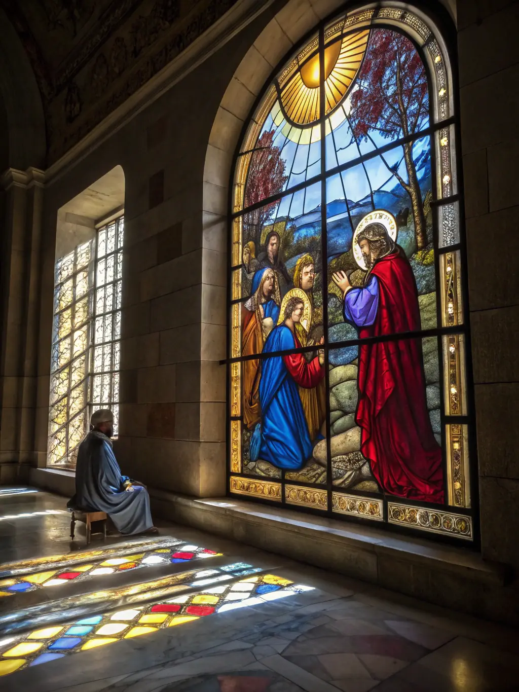 A photograph showcasing the restored stained glass windows of the church, illuminated by sunlight, highlighting the intricate details and vibrant colors.