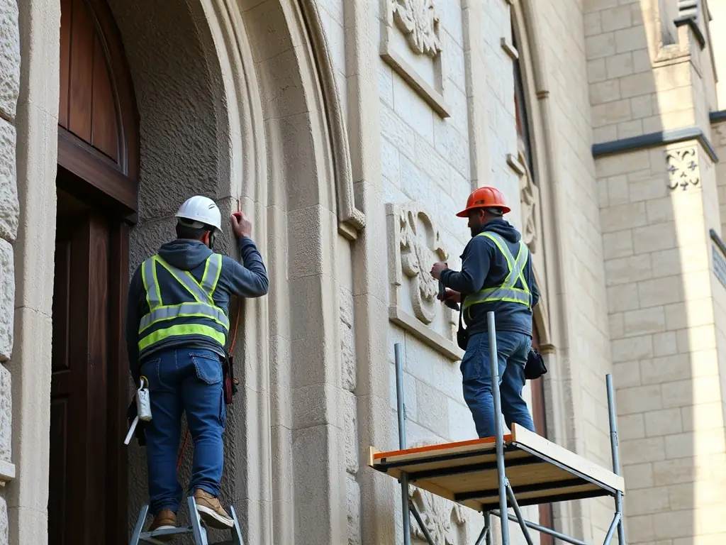 A high-resolution image of artisans restoring the church's facade, showcasing detailed craftsmanship and conservation efforts.