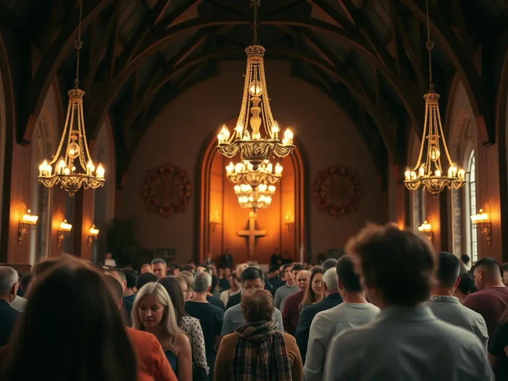 An image of children and volunteers participating in a guided tour inside the church, with informative signage and interactive activities.