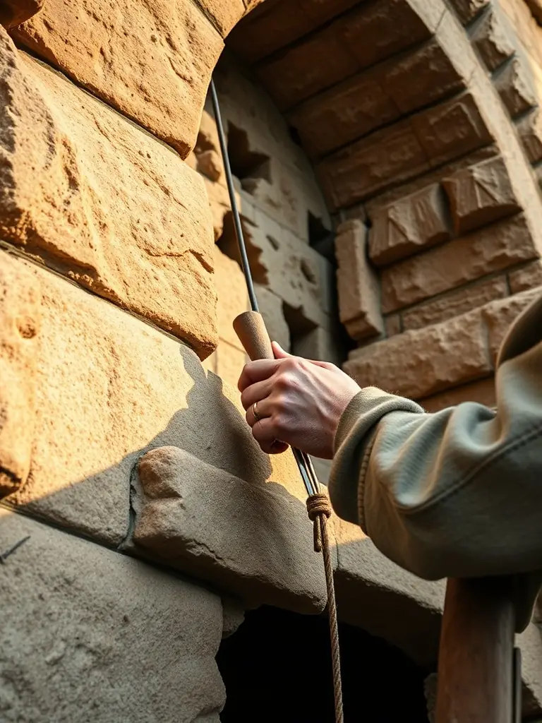 A high-resolution image of artisans restoring the church's facade, showcasing detailed craftsmanship and conservation efforts.