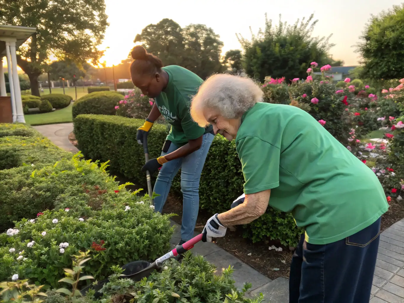A photograph showcasing volunteers cleaning and maintaining the church grounds, emphasizing community involvement and dedication.