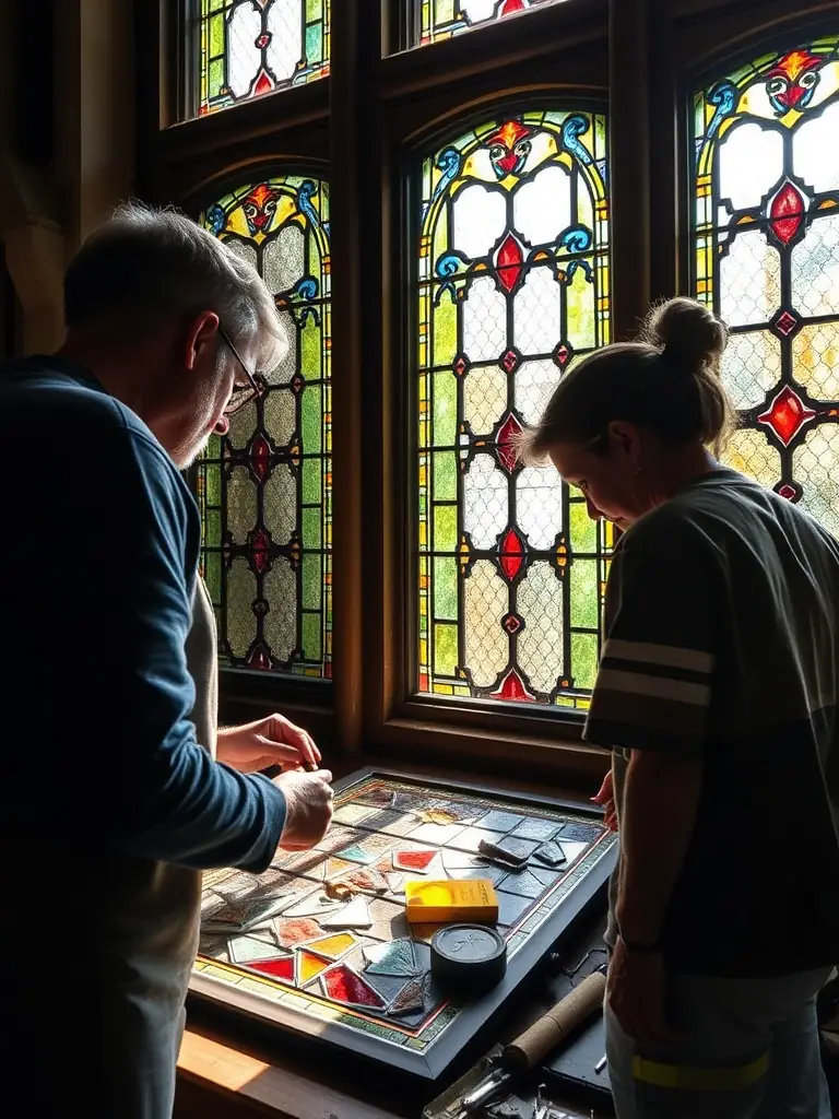 A photograph of skilled artisans meticulously restoring a stained glass window in the Saint-Barthélemy church of Ars, showcasing the delicate work involved in preserving the church's artistic heritage.