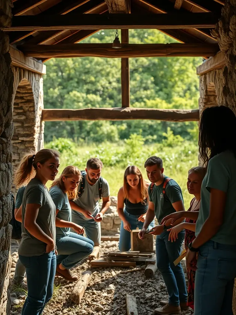 A photo of volunteers working together to clean and maintain the church grounds, demonstrating community involvement and dedication to preserving the site.