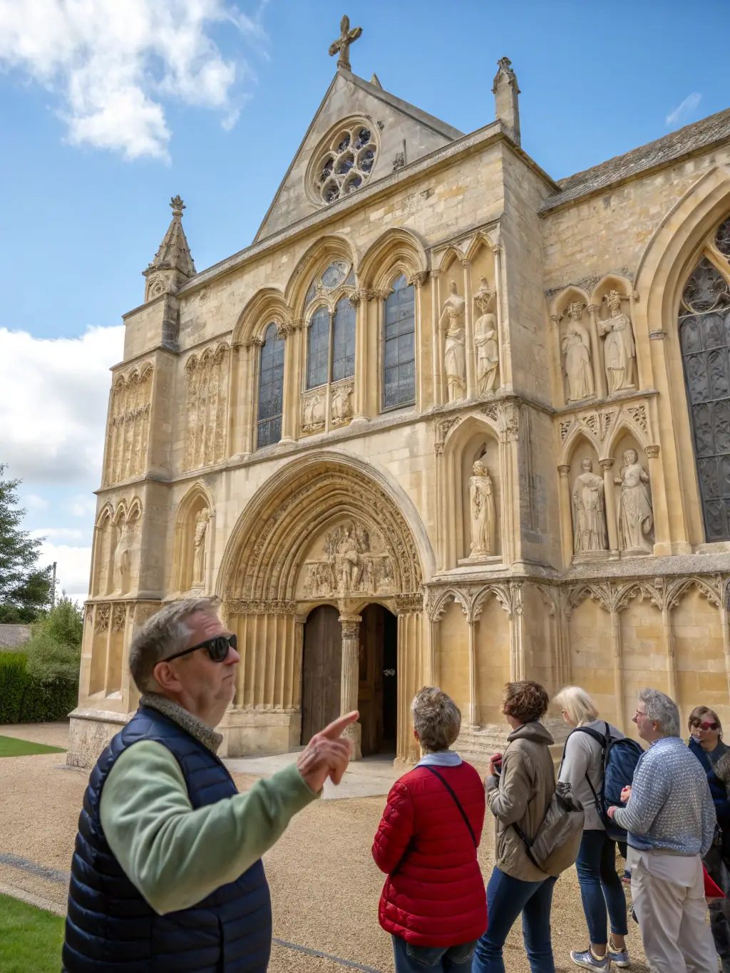 A photograph capturing a guided tour of the Saint-Barthélemy church of Ars, with a knowledgeable guide explaining the church's history and architectural features to a group of visitors. The image should convey a sense of learning and discovery.